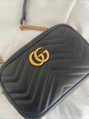 Gucci Black Quilted Chevron Leather Crossbody with Gold Double G
